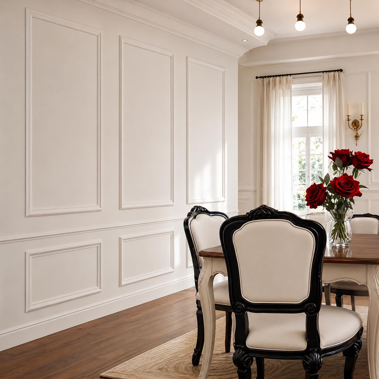 Two-tier picture-frame moulding wainscoting in a dining room with crown moulding