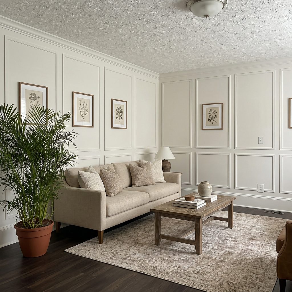 Grid of picture-frame moulding boxes on two walls of a family room
