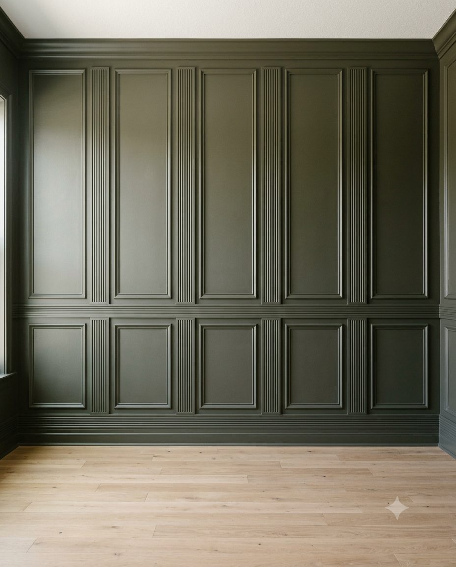 Olive green accent wall with picture-frame boxes and fluted pilasters