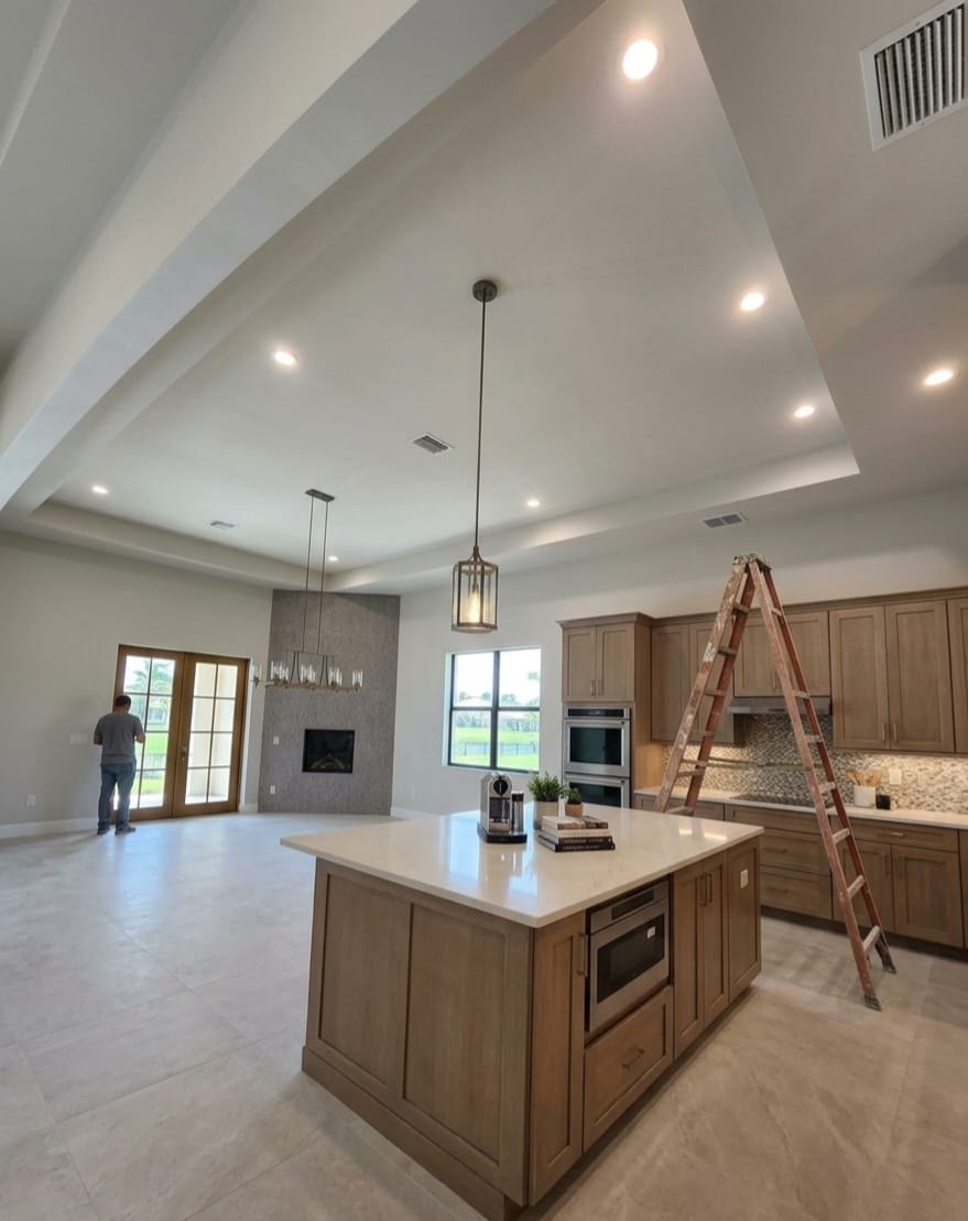 Orlando great room ceiling before wood beam installation — flat tray ceiling