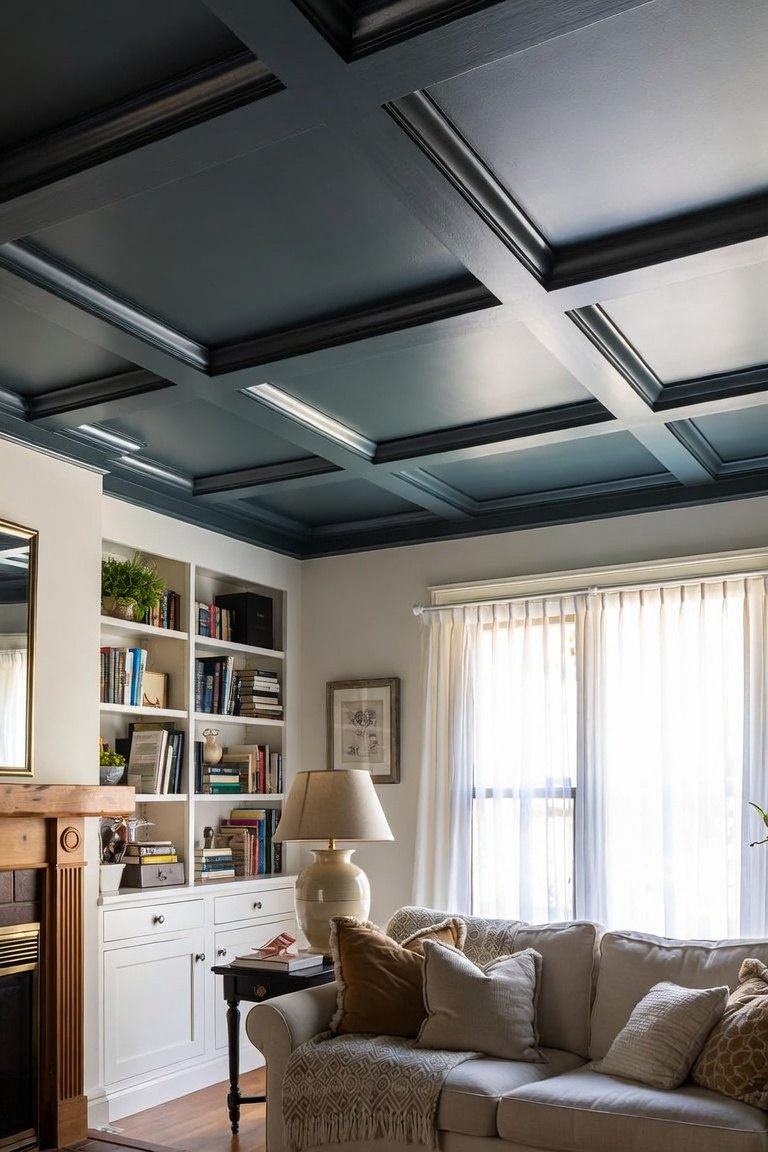 Dark painted coffered ceiling with recessed lights