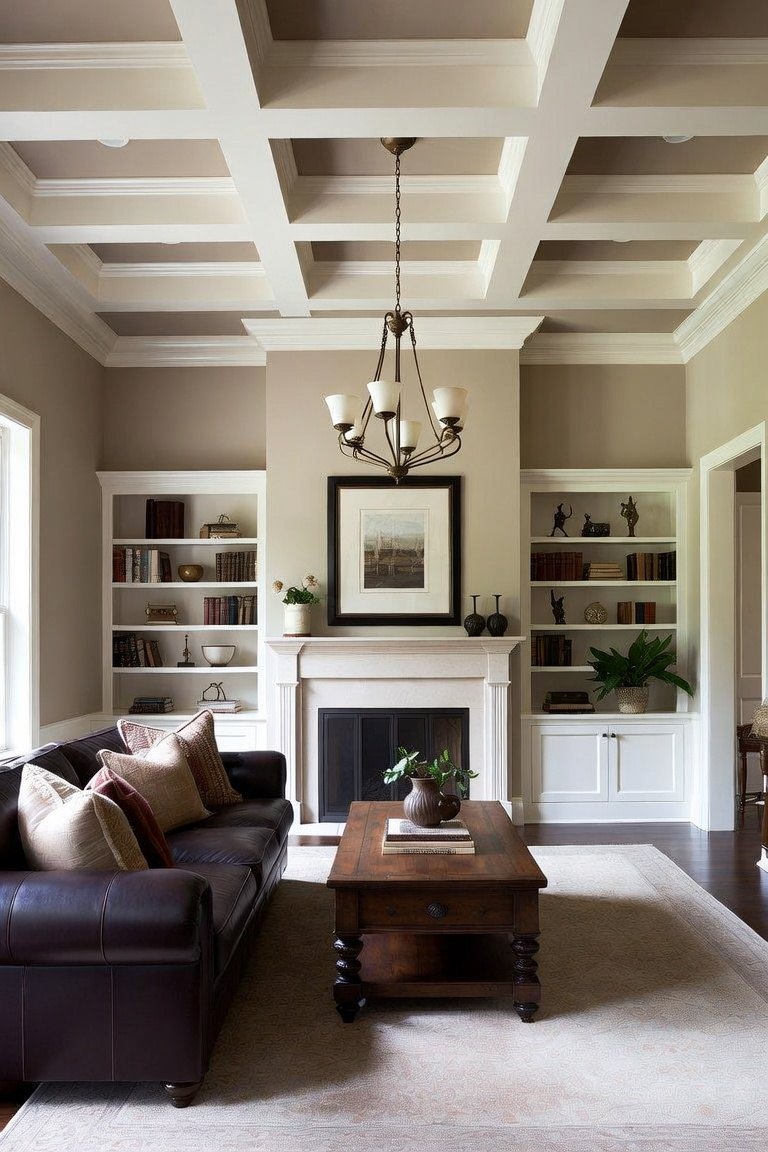 Two-tone coffered ceiling with white beams and taupe recessed panels