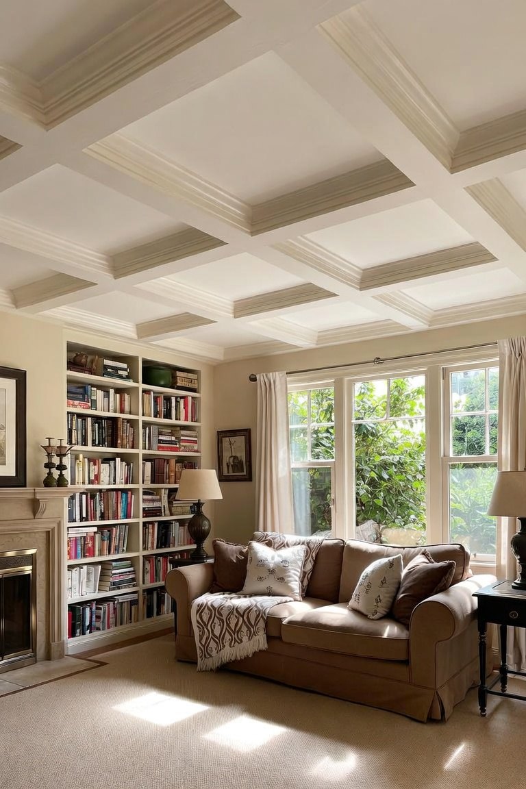 White coffered ceiling over a sitting room with built-in bookshelves