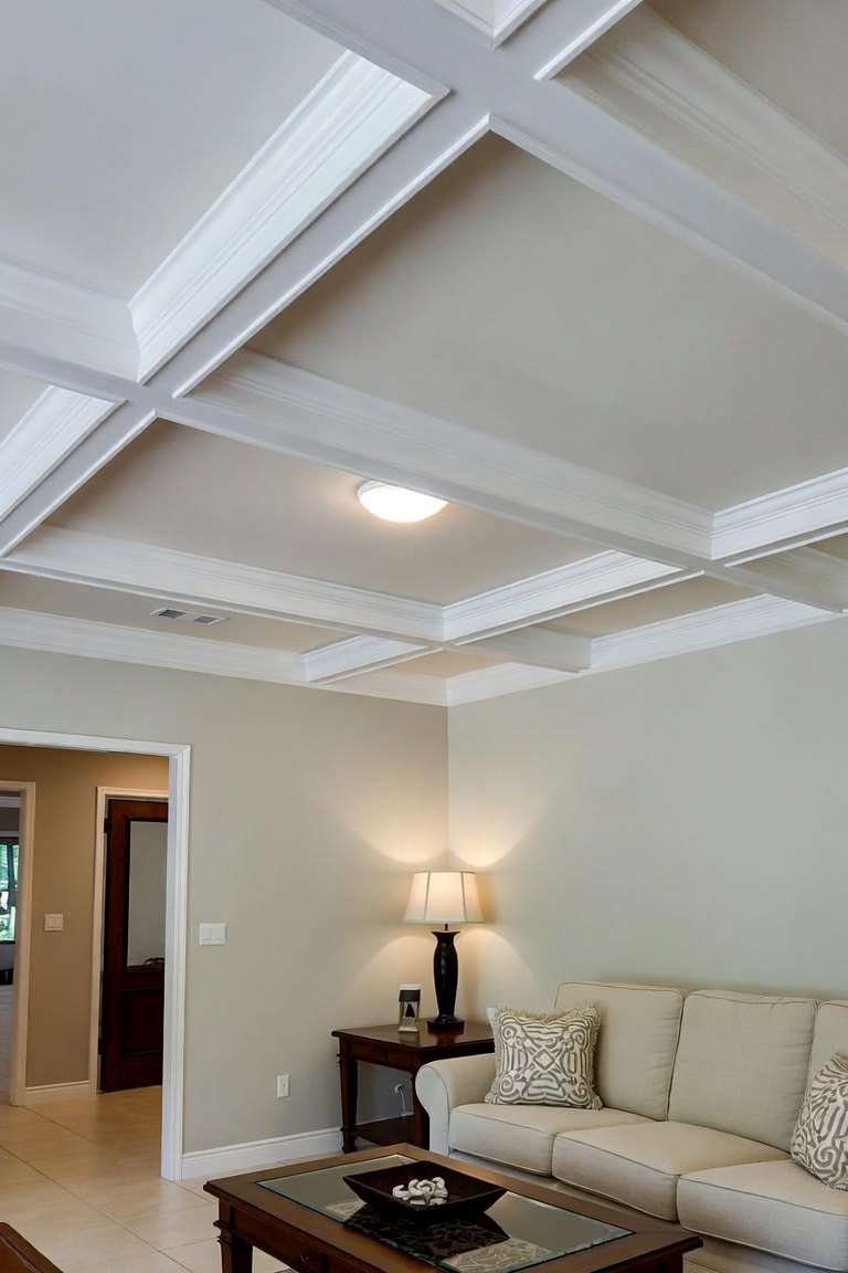 White painted coffered ceiling in a living room